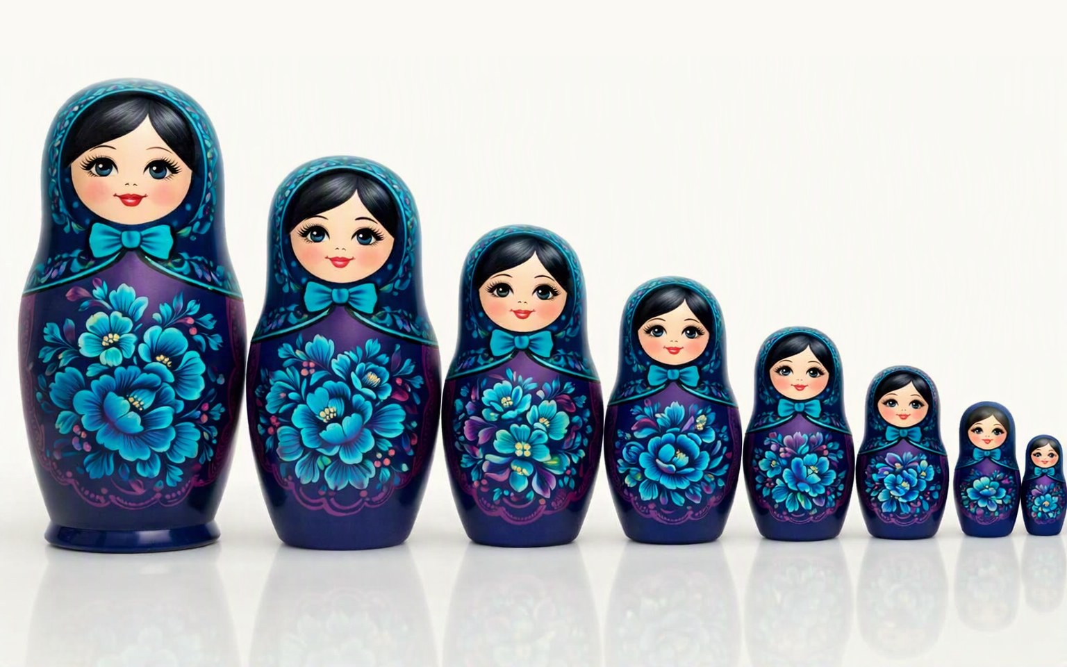 Row of painted nesting dolls, largest to smallest
