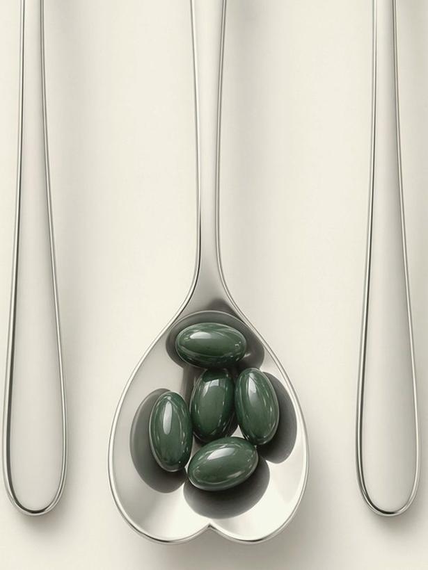 Green capsules resting in a silver spoon